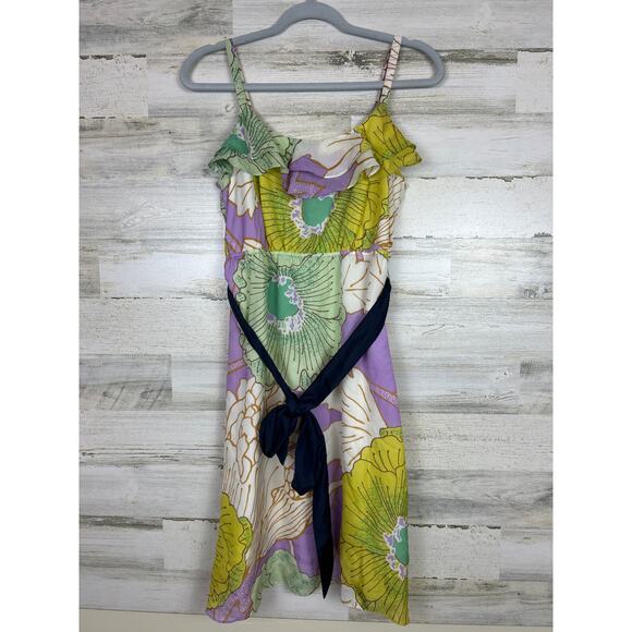 Anthro MAEVE womens 8 Silk Floral Slip Dress Ruffle Neckline Purple Ivory Green - Picture 2 of 8